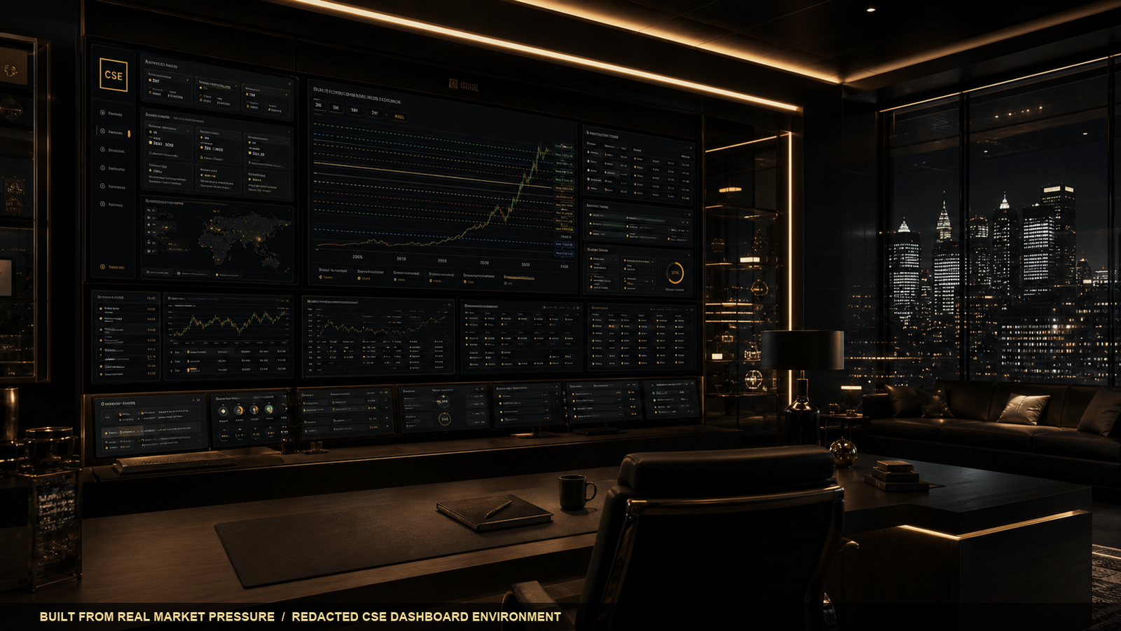 Cinematic black and gold CSE decision room with redacted dashboard screens and no third-party branding.